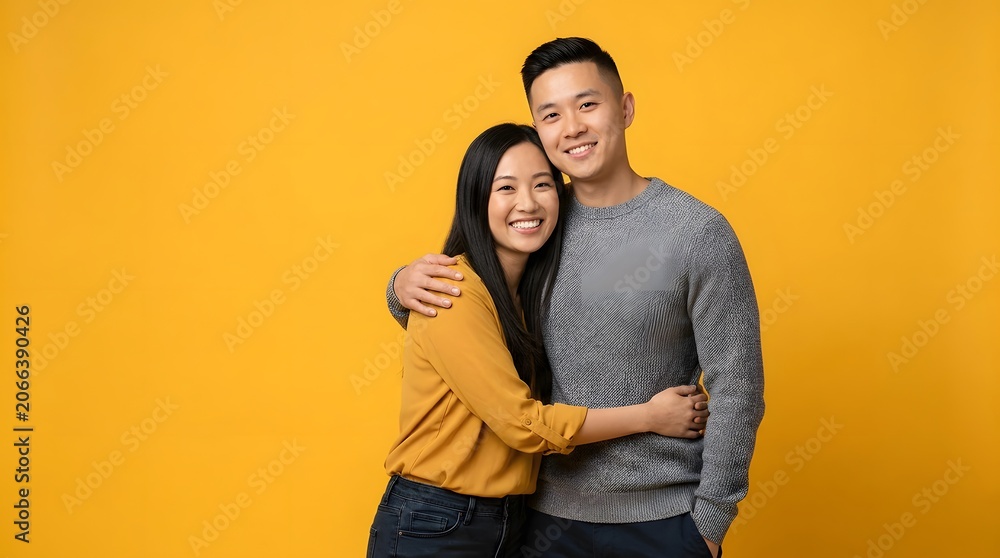 Fototapeta premium Happy young Asian couple embracing and smiling warmly at the camera against a vibrant yellow studio background, showcasing affection and joy in a half-body portrait.