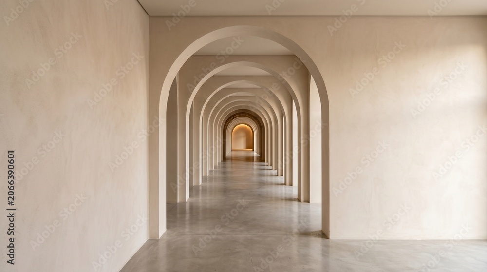 Fototapeta premium Modern Minimalist Interior Design Featuring a Symmetrical Sequence of Elegant Arched Corridors with Neutral Tones