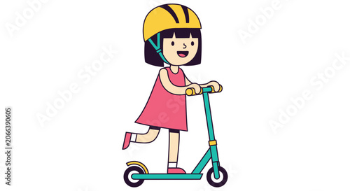 Bild auf Leinwand Girl Riding A Scooter Colorful Vector Illustration On White Background