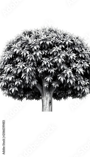 Dense foliage surrounds a simple trunk in this monochrome illustration, texture, botanical