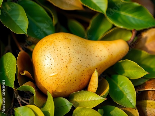 Golden Pear Resting on a Bed of Crisp Green Leaves, leaf, wholesome