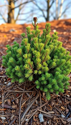 Pine bark mulch surrounds base of juniper plant, ||pine, juniper