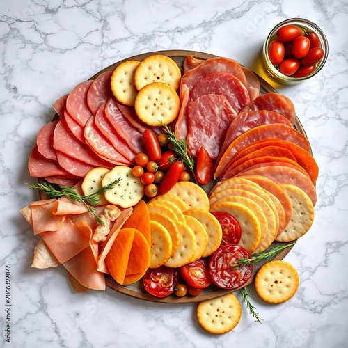 Variety of cured meats and crackers arranged on a marble surface, gourmet, display