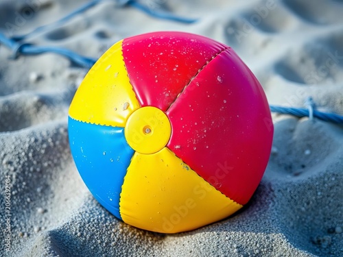 Vibrant beach ball with textured surface, featuring red yellow and blue segments, colorful, smooth