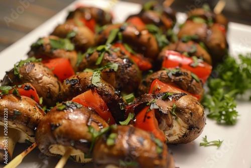 Grilled mushroom and red bell pepper skewers seasoned with herbs and spices, garnished with fresh parsley