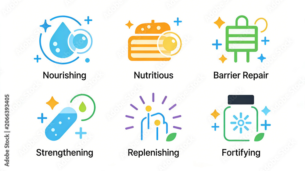 Fototapeta premium Six fresh and flat skincare efficacy icons represent the skin care concepts of nutrition, nourishment, barrier repair, and strong rejuvenation. 