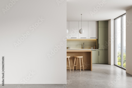 Foto Empty interior featuring wide blank wall beside modern kitchen with stools and daylight windows, ideal for poster mockup and copy space template