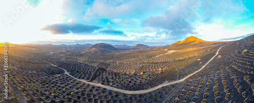Aerial view of the volcanic landscape of La Geria with its characteristic circular stone walls for vineyards and volcanic cones under a golden sunset sky in Lanzarote, Canarias, Spain.