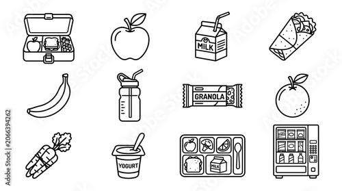 Set of hand drawn lunch and healthy food icons.