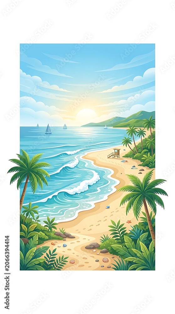 Obraz premium Tropical beach paradise with palm trees and ocean at sunrise