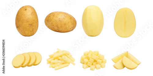Collection of fresh potatoes isolated on a white background, showcasing whole potato, peeled potato, potato half, sliced potato rounds, potato sticks, diced potato cubes, and potato wedges. Clean food