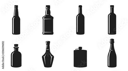 Quadro su tela Diverse Bottle Silhouettes Collection Set of 8 Black Beverage Container Shapes P