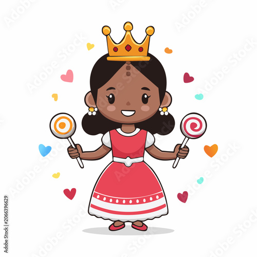 Cute Cartoon Princess with Lollipops and Hearts