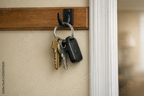 A collection of keys hanging from a hook on the wall, ready for use