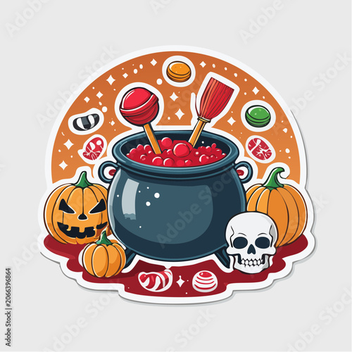 Halloween Cauldron with Pumpkins, Skull, and Candy
