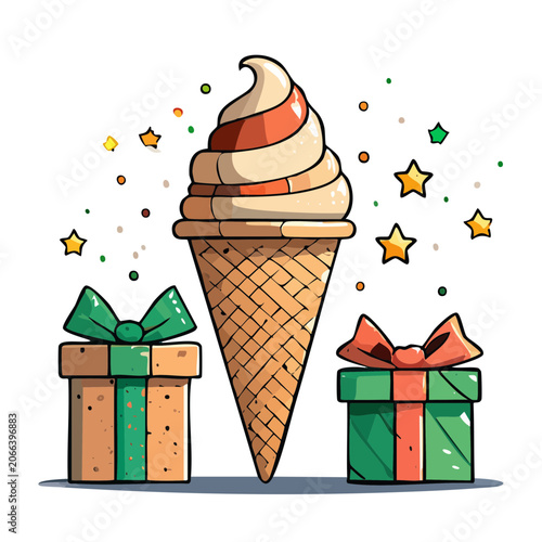 Ice cream cone with gift boxes and stars illustration