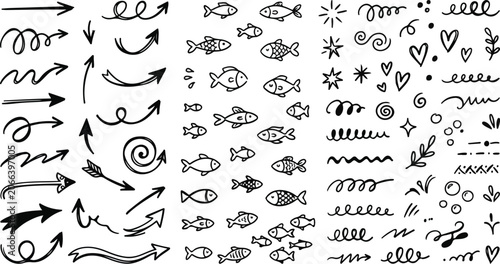 Canvas Print Hand drawn arrow symbols cute fishes and swirl doodles set