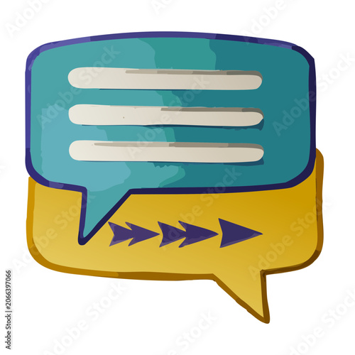 Yellow and blue speech bubble with message lines and arrows