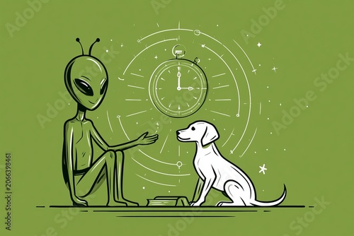 Green Alien and Dog Contemplating Time