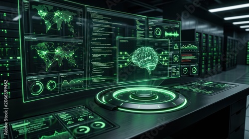 Data center technology interface with holographic projections and digital displays