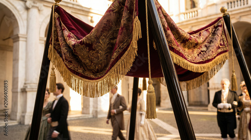 Ornate velvet canopy with gold tassels in historical courtyard with blurred elegant aristocrats in vintage formal attire.