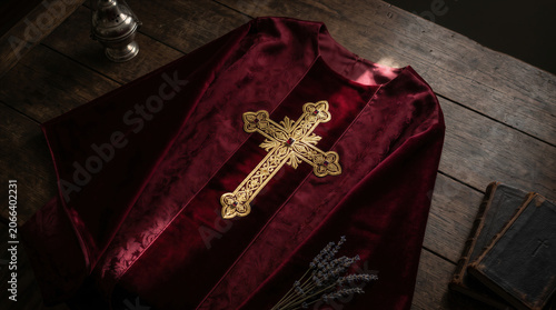  Red velvet chasuble with golden embroidery cross on wooden table, catholic liturgical vestment for church ceremony, faith, religion.