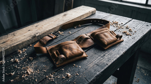 Leather tool belt on rustic wooden workbench with wood shavings, professional craftsmanship equipment for carpenter or craftsman.
