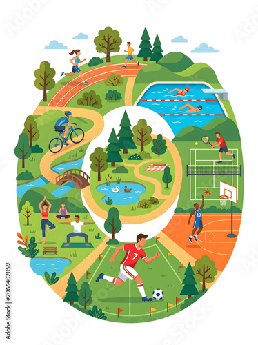 Multi Sport Recreation Landscape Illustration with Cycling Running and Soccer Isolated