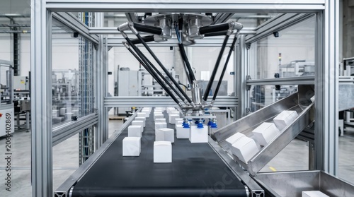 Industrial delta robot arm picking up white boxes from a conveyor belt