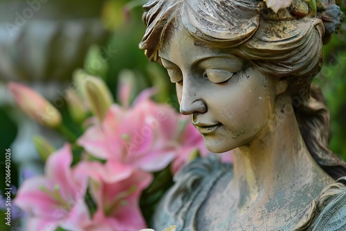 Close up of weathered stone bust of young woman surrounded by pink lilies in serene garden setting