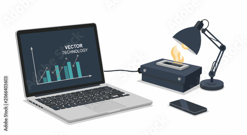 A laptop displays a bar graph on its screen next to a printer and a lamp