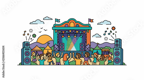 A lively outdoor music festival with a colorful stage and people dancing