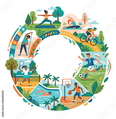 Outdoor Adventure and Sports Circle Illustration with Cycling Basketball and Recreation
