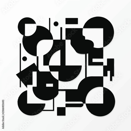 A geometric abstract art piece featuring black shapes on a white background