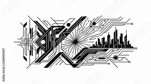 A futuristic cityscape merges with circuit board lines and geometric shapes