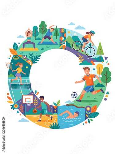 Colorful Sports and Fitness Circular Illustration with Outdoor Activities and Recreation