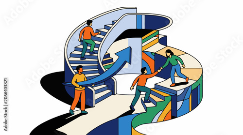 A colorful illustration of four people climbing a winding staircase with an arrow