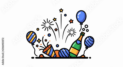 A colorful illustration of a champagne bottle and party accessories