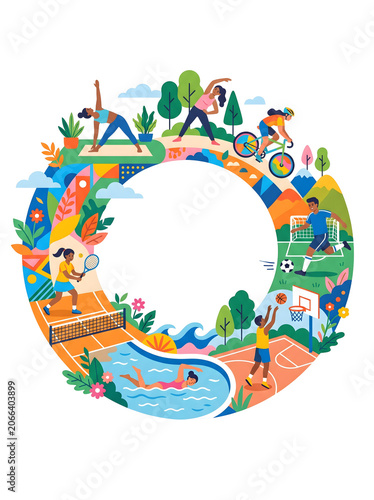 Active Lifestyle Sports Circle Illustration with Running Cycling Soccer and Swimming