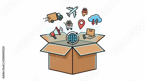 A brown cardboard box with its flaps open, emitting various colorful icons