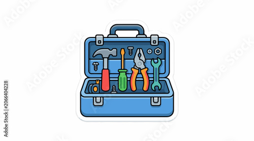 A blue toolbox with various colorful tools inside