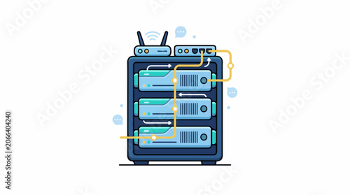 A blue server with four hard drives and a router on top with yellow lines