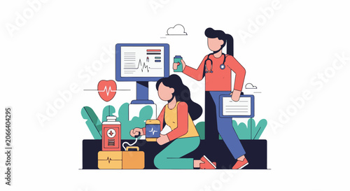 Two female medical professionals with a monitor, first aid kit, and records in a serene outdoor setting