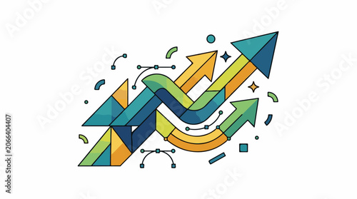 Colorful geometric arrows and shapes on white background