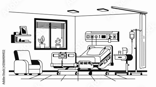 A hospital room with a bed, chair, and medical equipment