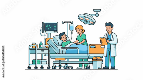A hospital scene with a patient lying in bed, surrounded by a doctor and nurse