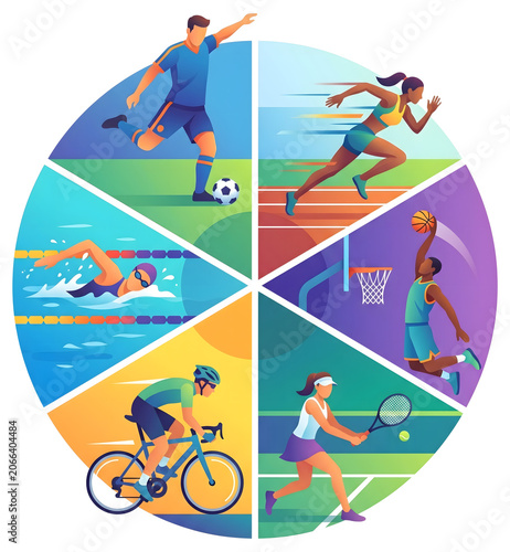 Multi Sport Athletes Circular Segments Illustration with Soccer Running Tennis and Cycling