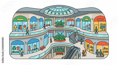 A vibrant, multi-level shopping center with stores and shoppers