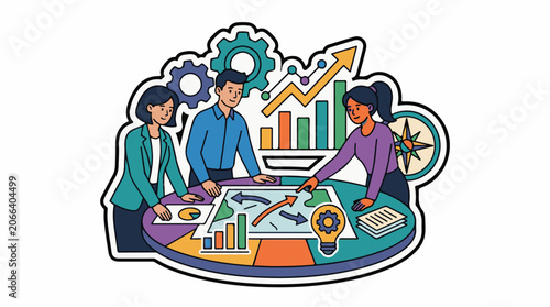 A vibrant illustration of three colleagues collaborating at a colorful table with charts