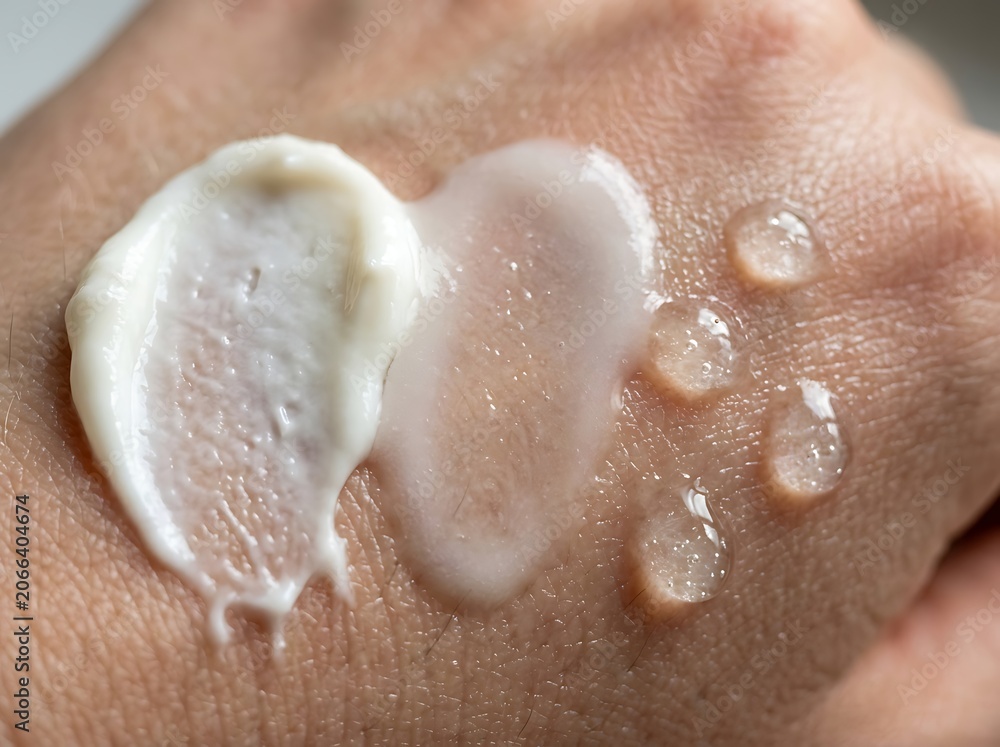 Fototapeta premium Closeup of hand with cream and gel droplets on skin for beauty or skincare product demonstration purposes